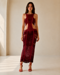 Front view of burgundy sleeveless ruched cutout maxi dress