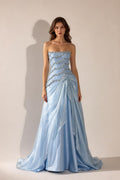 Front view of Light Blue strapless beaded evening gown
