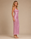 Side view of pink reflective scoop neck bodycon maxi dress