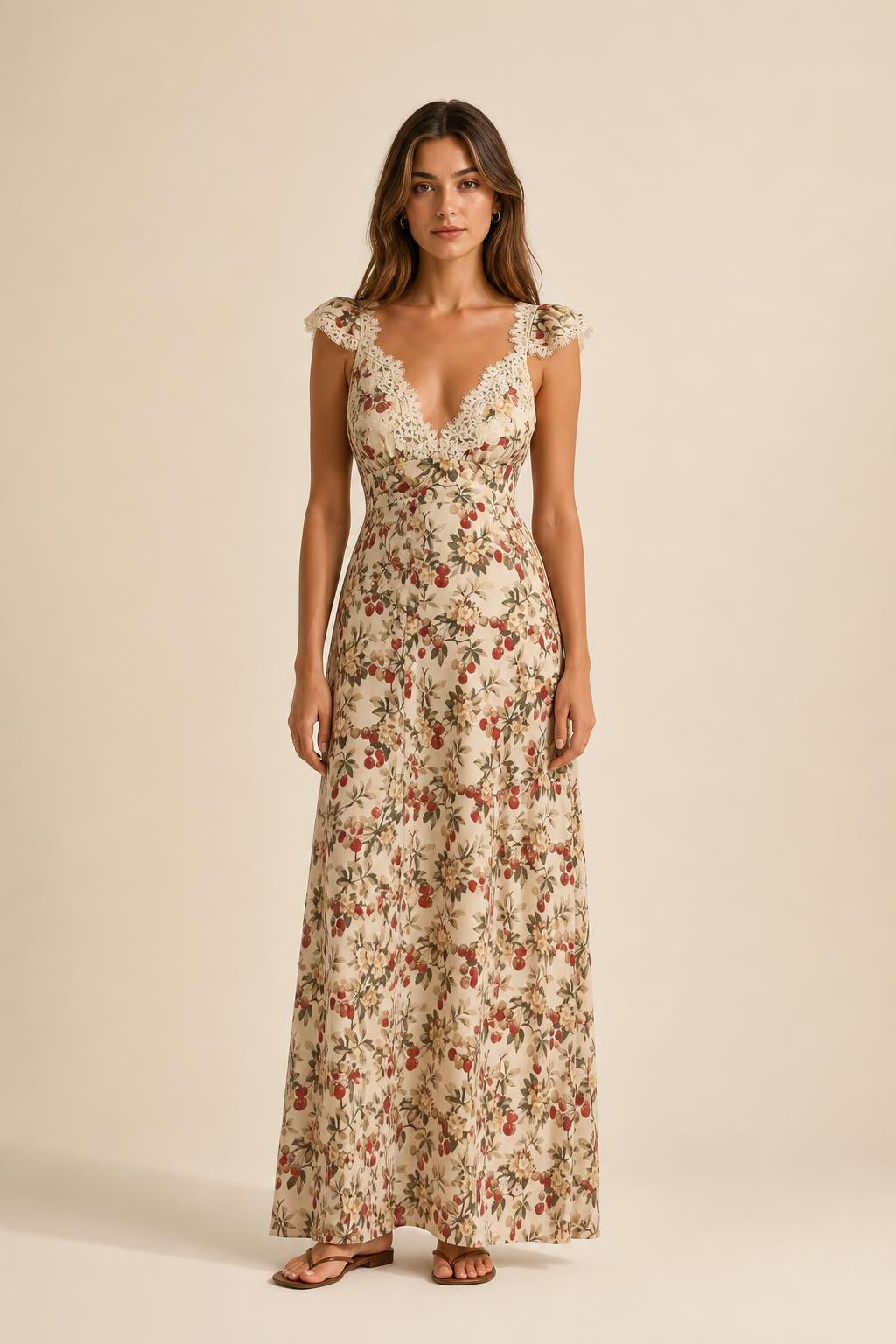 Front view of beige floral print maxi dress with lace V-neck