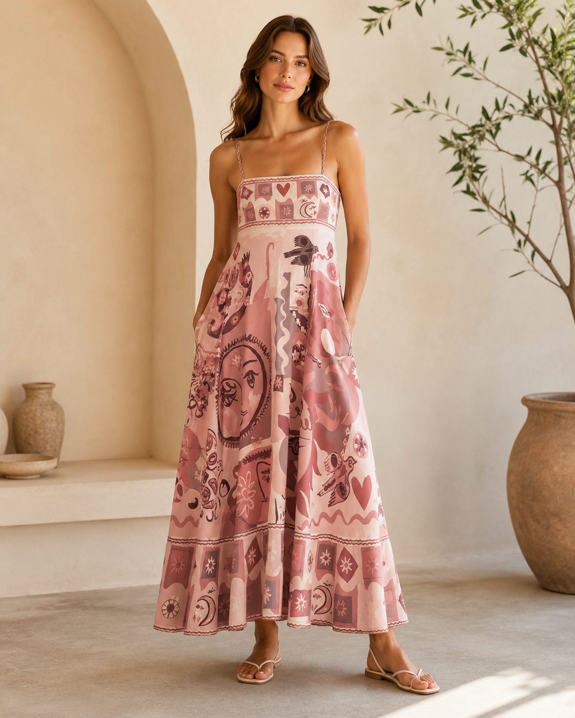 Front view of blush pink printed strappy maxi dress with A-line skirt and pockets