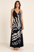 Womens black V-neck butterfly print maxi dress front view