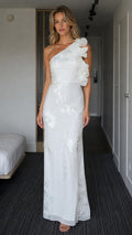 Front view of white one-shoulder ruffle maxi dress