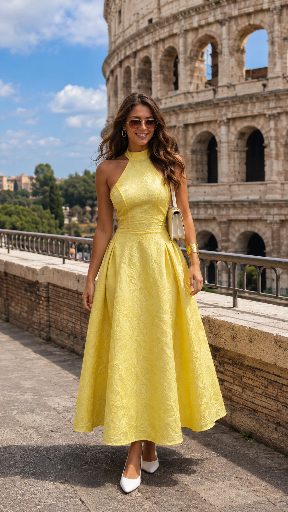 Front view of butter yellow halter neck jacquard midi dress with full skirt