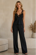 Black lace trim cami pajama set front view with wide leg pants