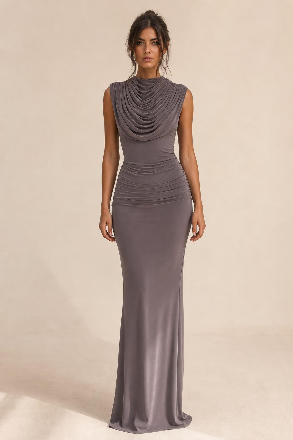 Front view of charcoal draped sleeveless maxi dress