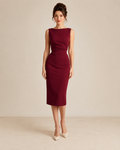 Front view of burgundy sleeveless ruched waist midi sheath dress with boat neckline