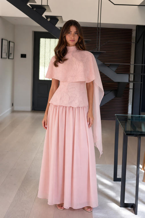 Elegance Cape Overlay Mock Neck Maxi Dress in Pink front view