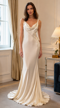 Front view of champagne beaded cowl neck satin-look mermaid maxi dress