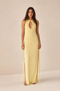 Front view of model wearing yellow braided trim keyhole maxi dress