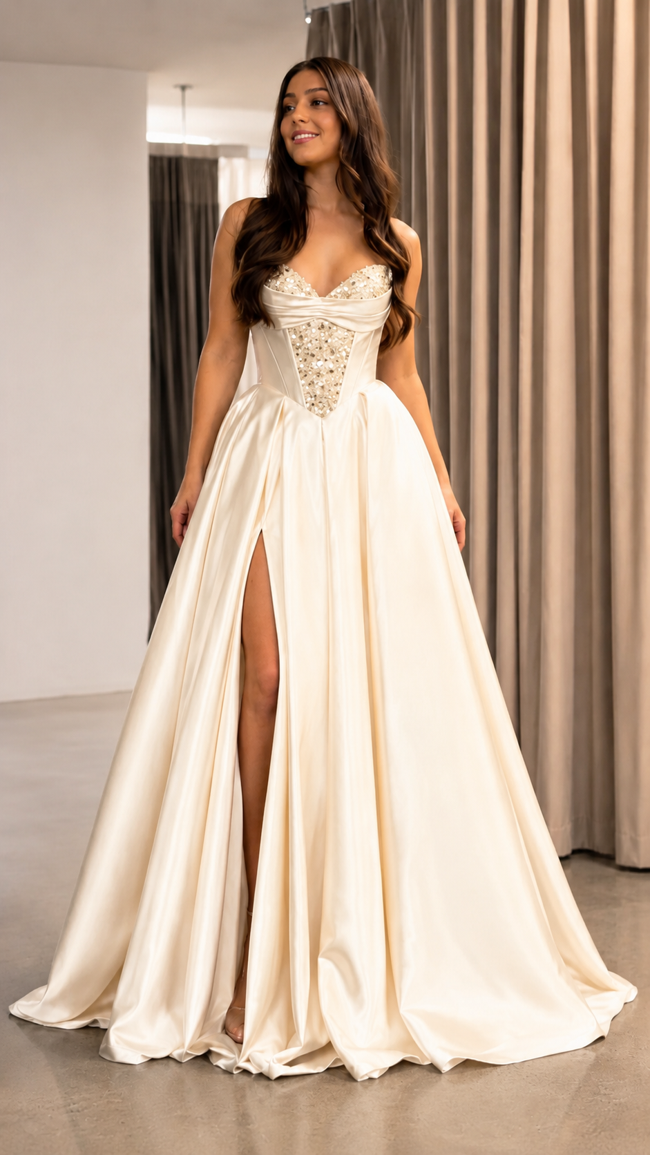 Ivory strapless sweetheart ball gown with embellished corset bodice and high slit front view