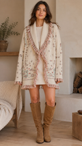 Front view of cream floral knit cardigan jacket with shawl collar and fringe trim