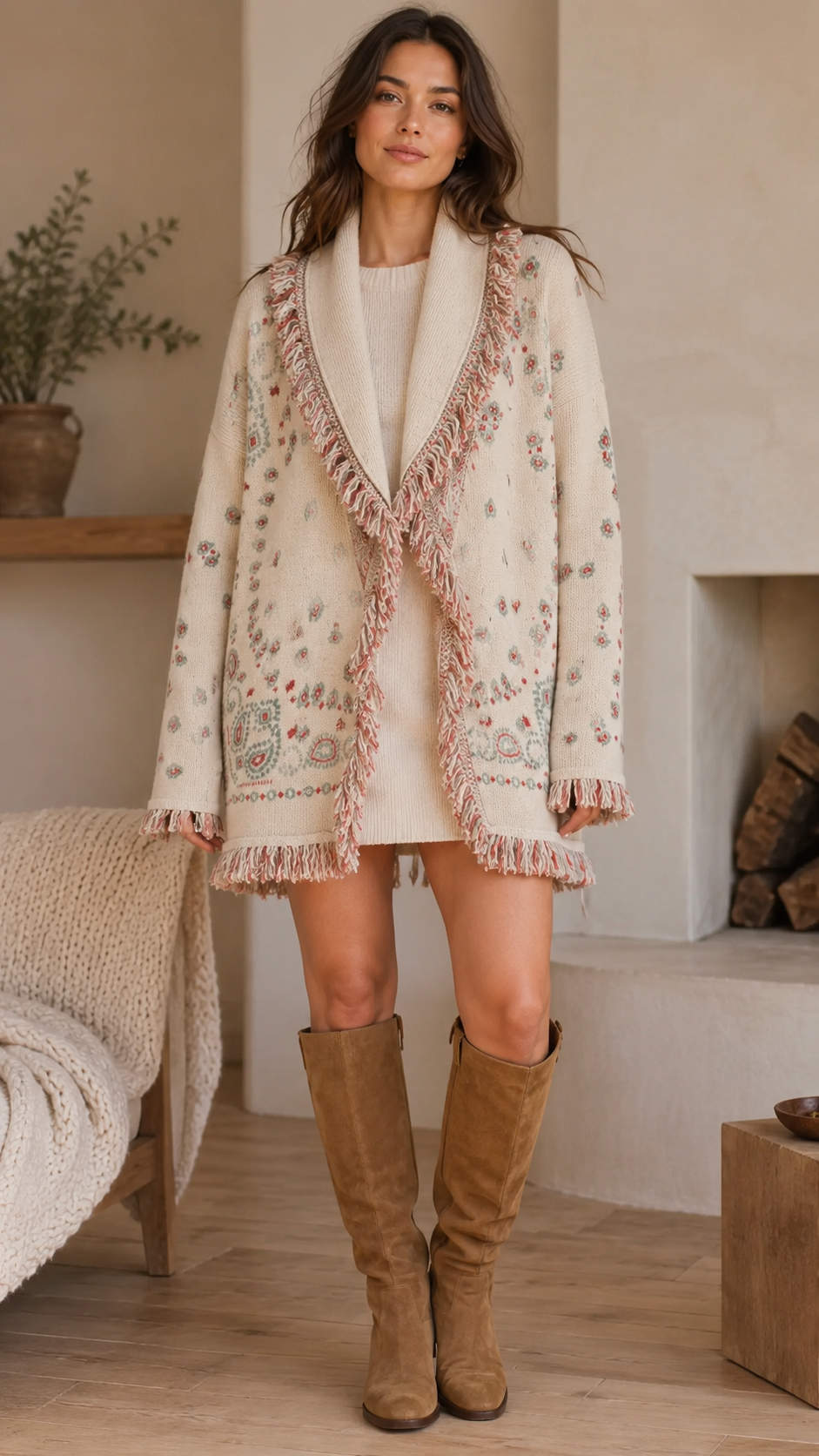 Front view of cream floral knit cardigan jacket with shawl collar and fringe trim