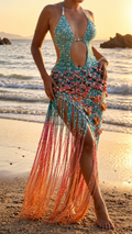 Turquoise multi beaded halter cutout maxi dress with floral texture and ombre fringe front view