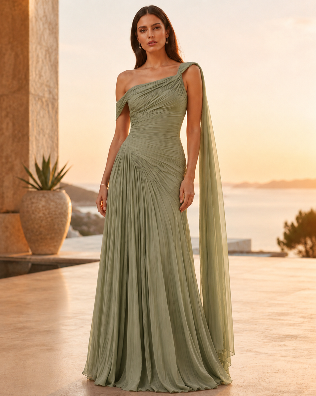 Sage one-shoulder pleated evening gown with floor-length skirt and sheer shoulder drape