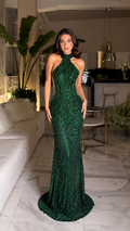 Front view of emerald green sequin halter mermaid evening gown