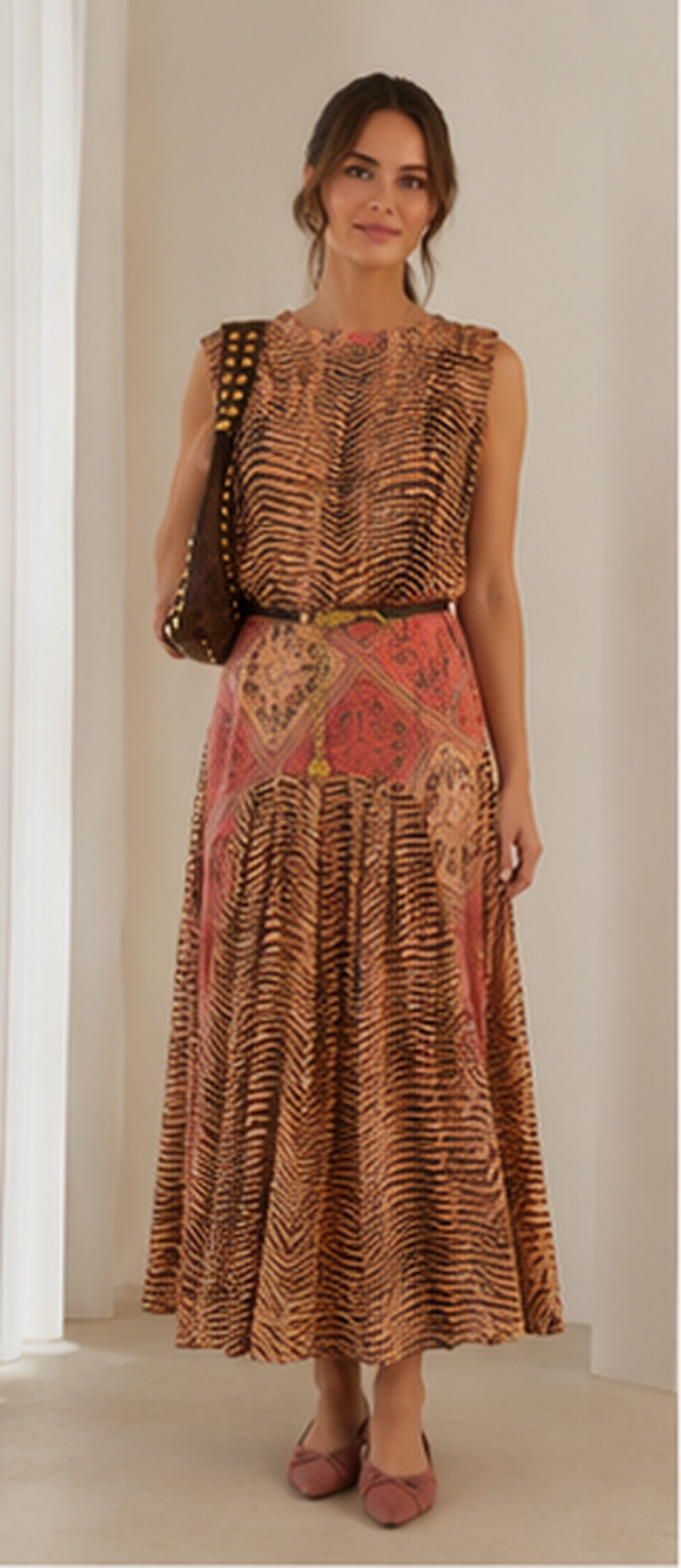 Front view of a printed sleeveless belted midi dress in warm rust tones