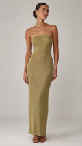 Front view of olive beaded strap bodycon knit maxi dress