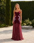 Burgundy embroidered satin-look slip mermaid maxi dress with star-detailed sheer hem front view