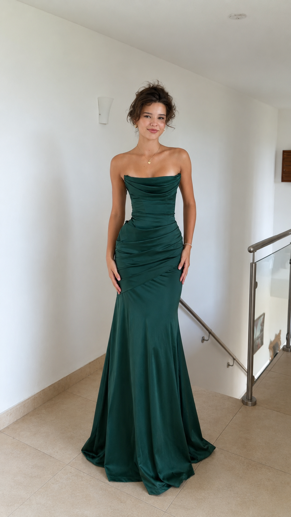 Front view of emerald strapless ruched mermaid maxi evening dress
