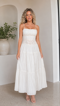 Front view of white spaghetti strap tiered maxi dress with lace-look waist detail