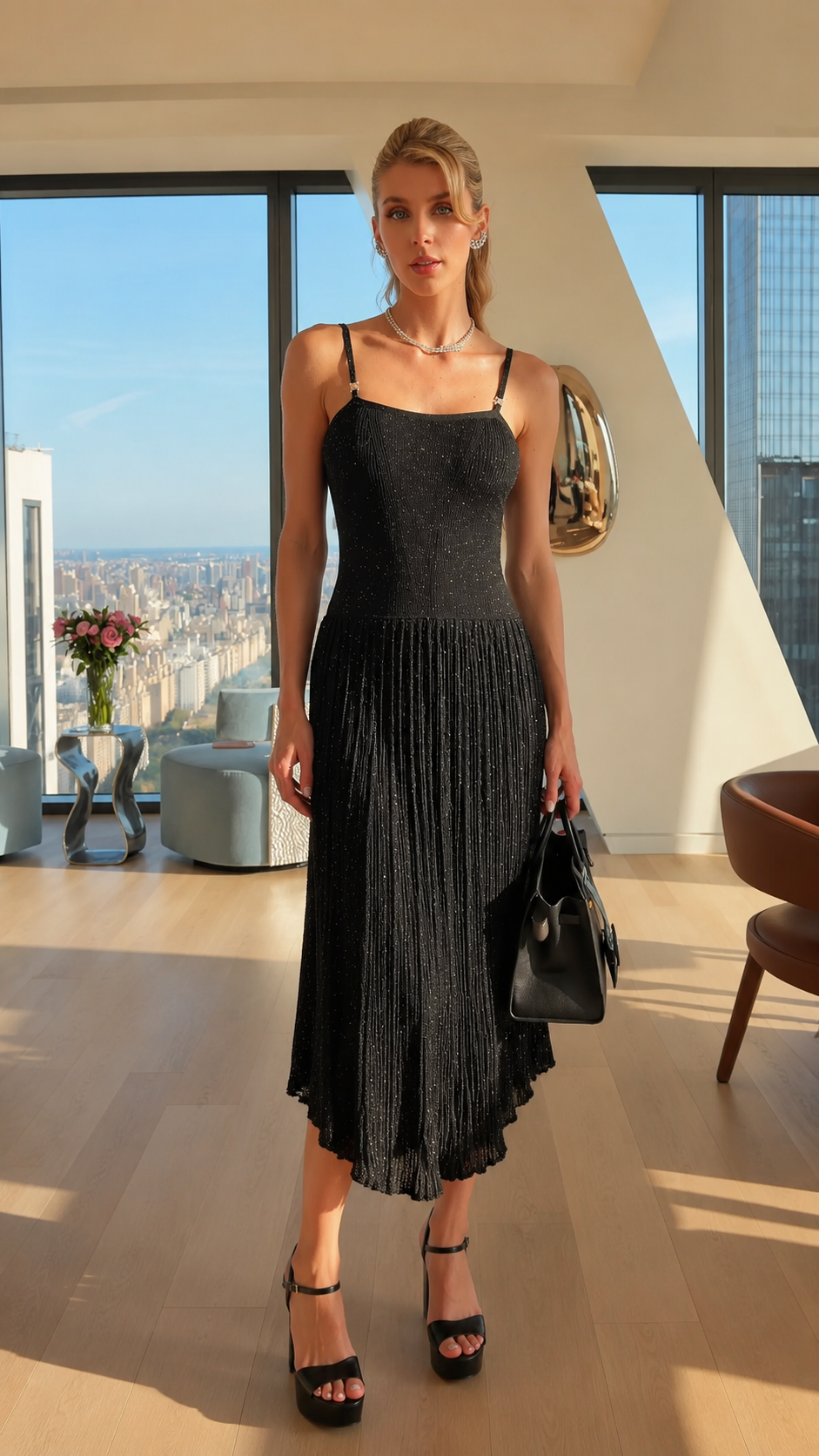 Front view of black shimmer pleated midi dress with spaghetti straps