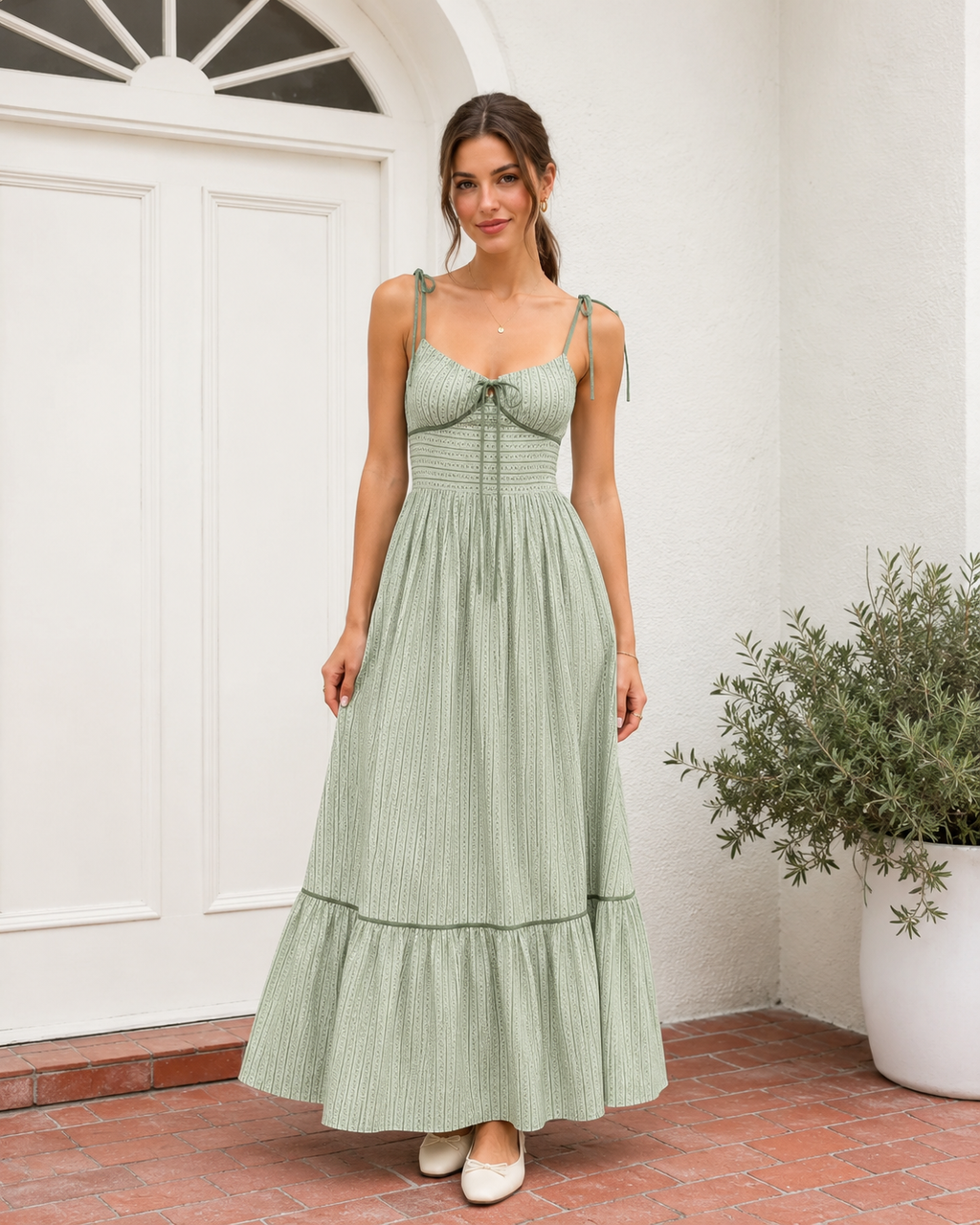 Sage green striped tie-shoulder maxi dress with smocked bodice and tiered hem front view