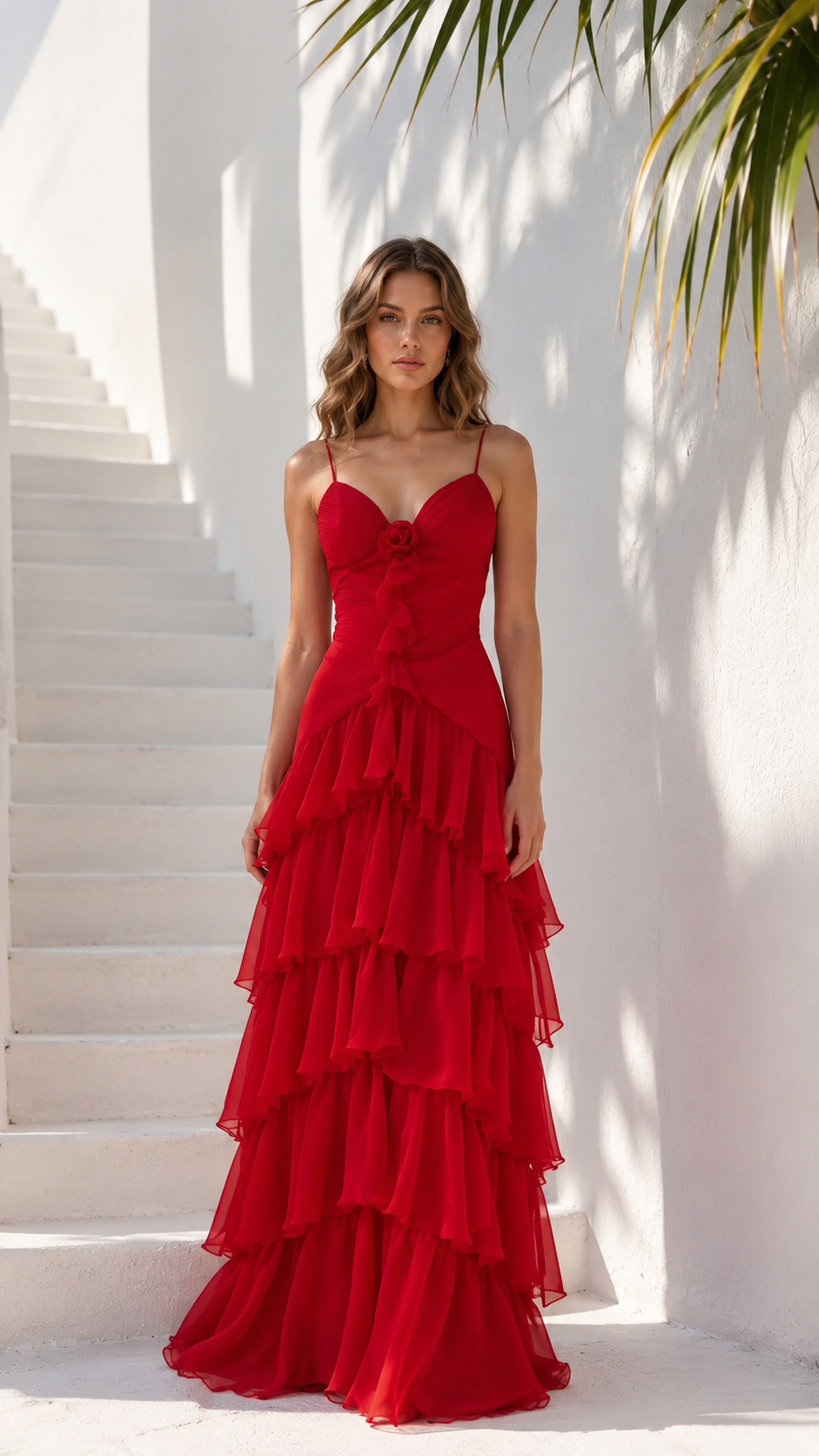 Front view of red tiered ruffle maxi dress with sweetheart neckline and rosette detail