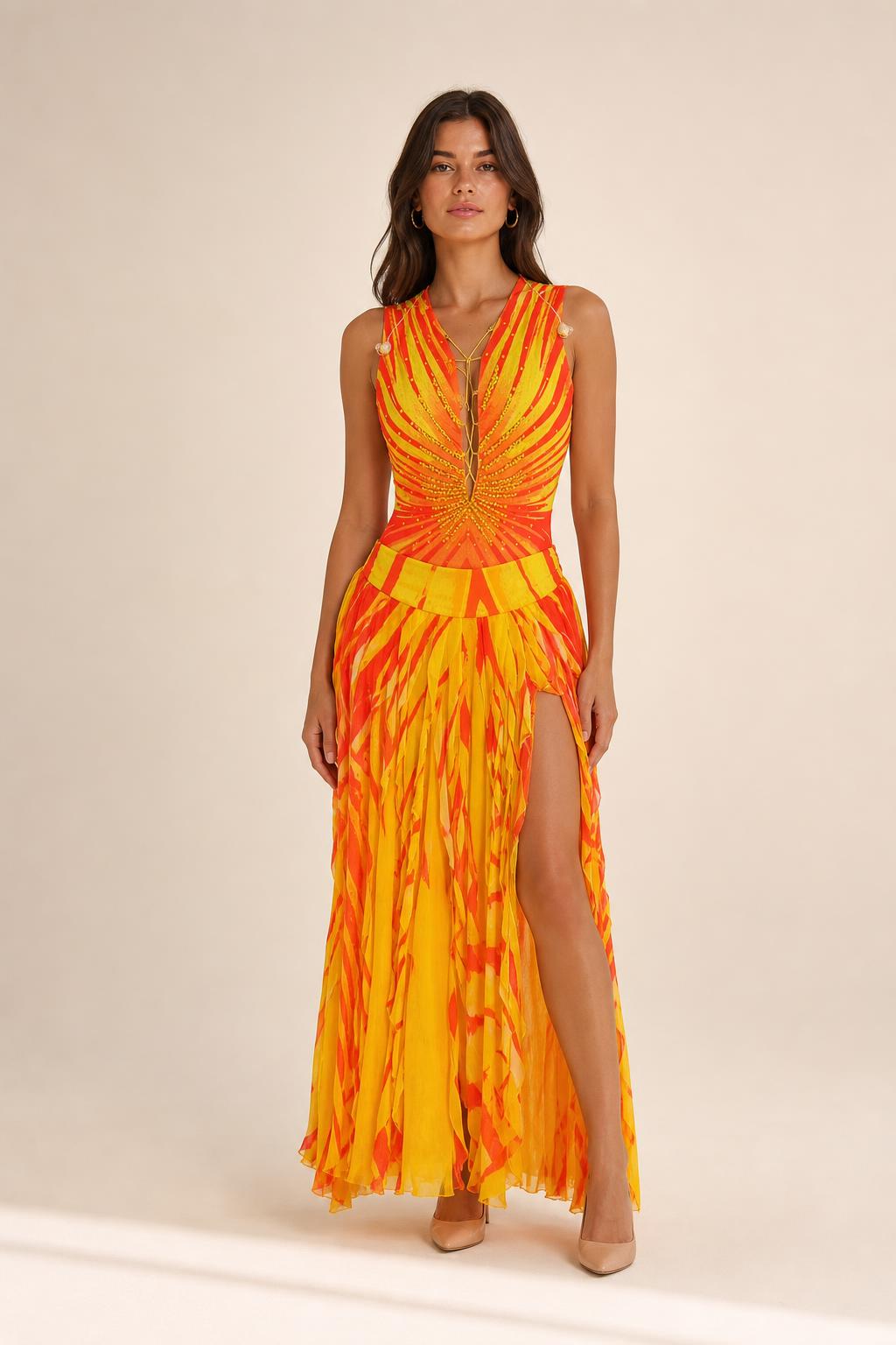 Front view of yellow beaded v-neck maxi dress