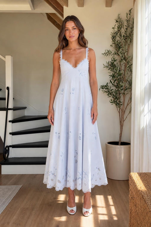 Elegance Embroidered Eyelet Midi Dress in Light Blue front view