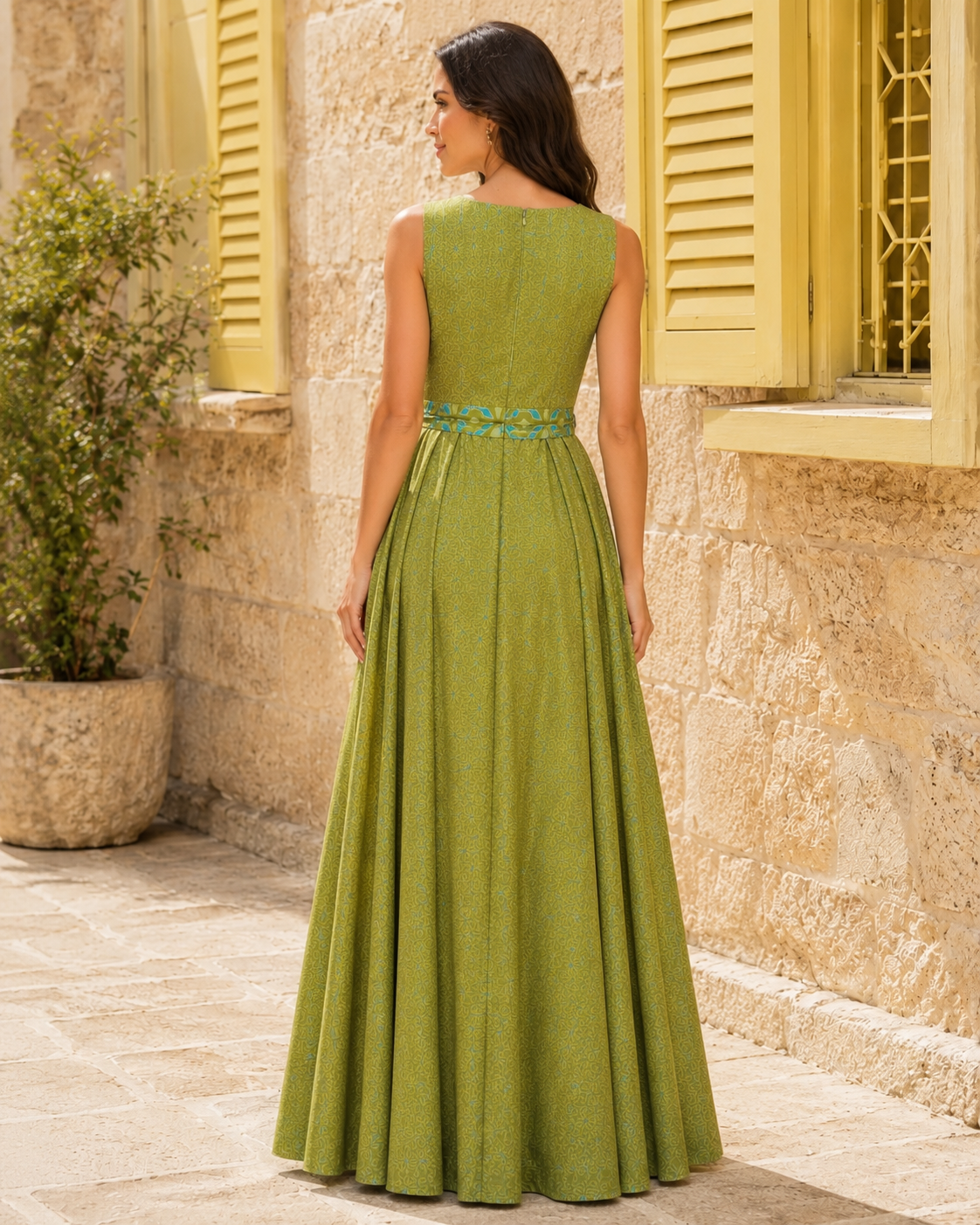 Back view of olive green sleeveless shimmer maxi dress with contrast waist sash