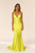 Front view of yellow halter maxi dress