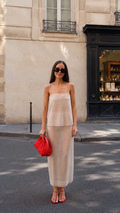 Front view of champagne sheer layered cami maxi dress set with slim straps