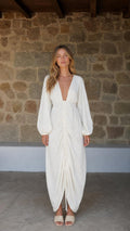 Front view of White V-Neck Ruched Long Sleeve Maxi Dress