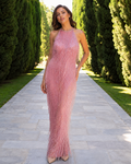 Front view of blush pink fringe halter maxi evening dress