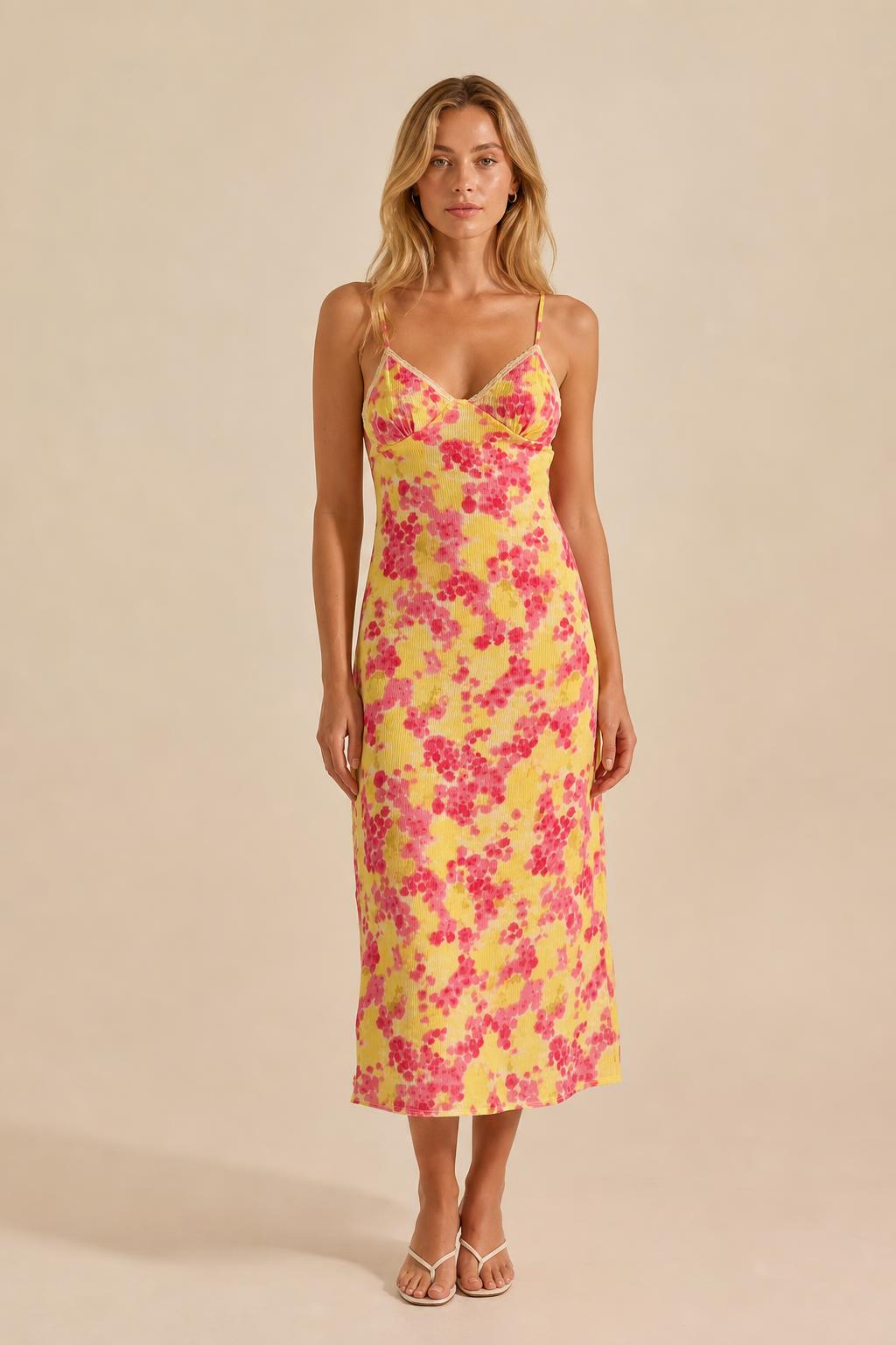 Front view of yellow floral midi slip dress