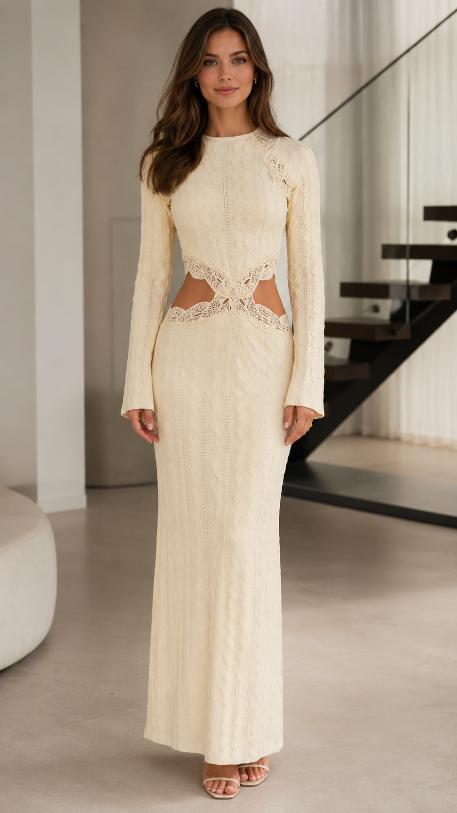 Front view of cream long sleeve textured maxi dress with lace-trim waist cutouts
