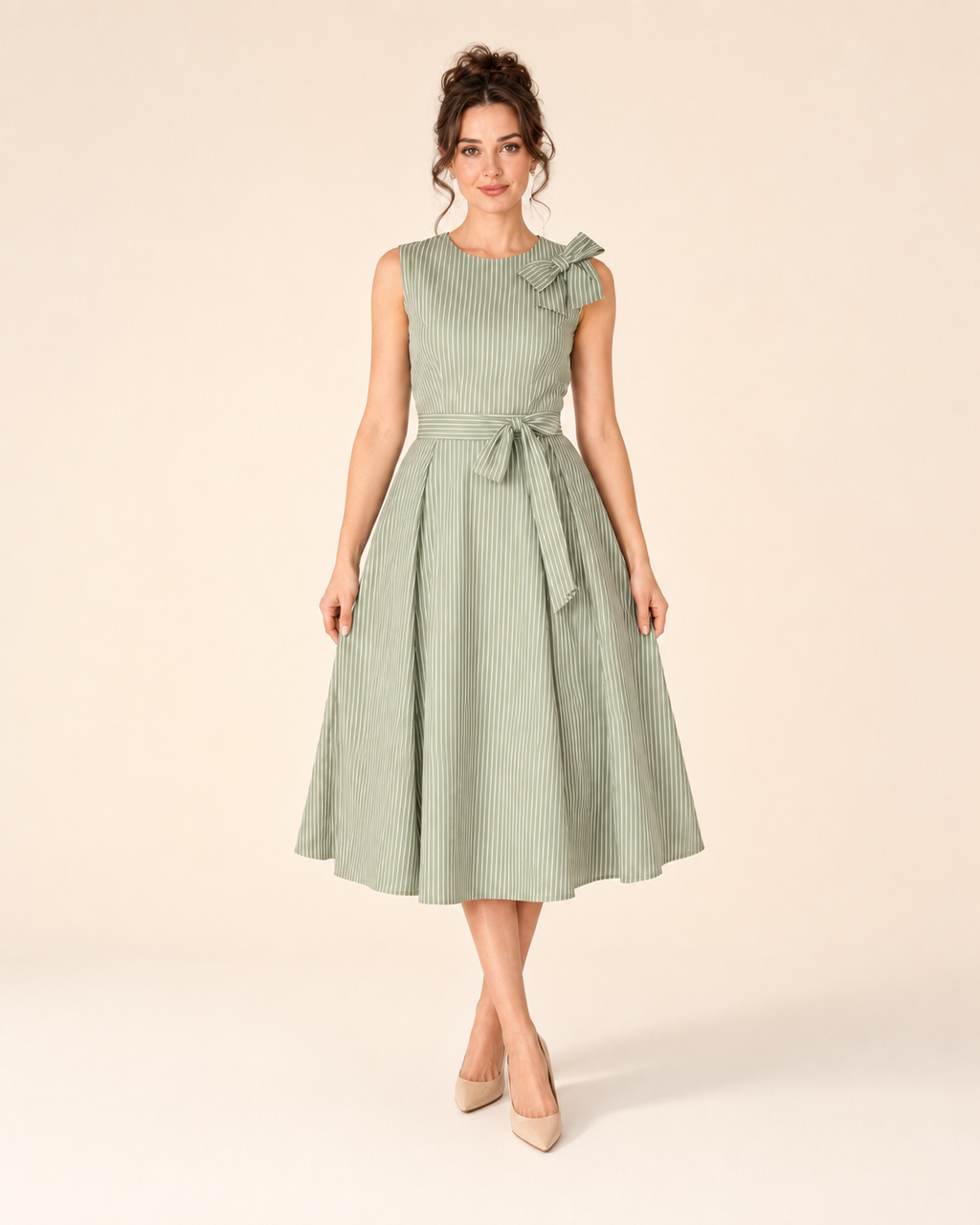Front view of sage sleeveless striped midi dress with shoulder bow and tie waist