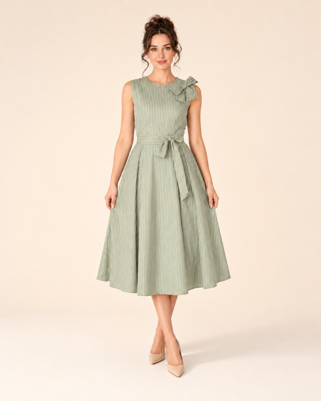 Front view of sage sleeveless striped midi dress with shoulder bow and tie waist