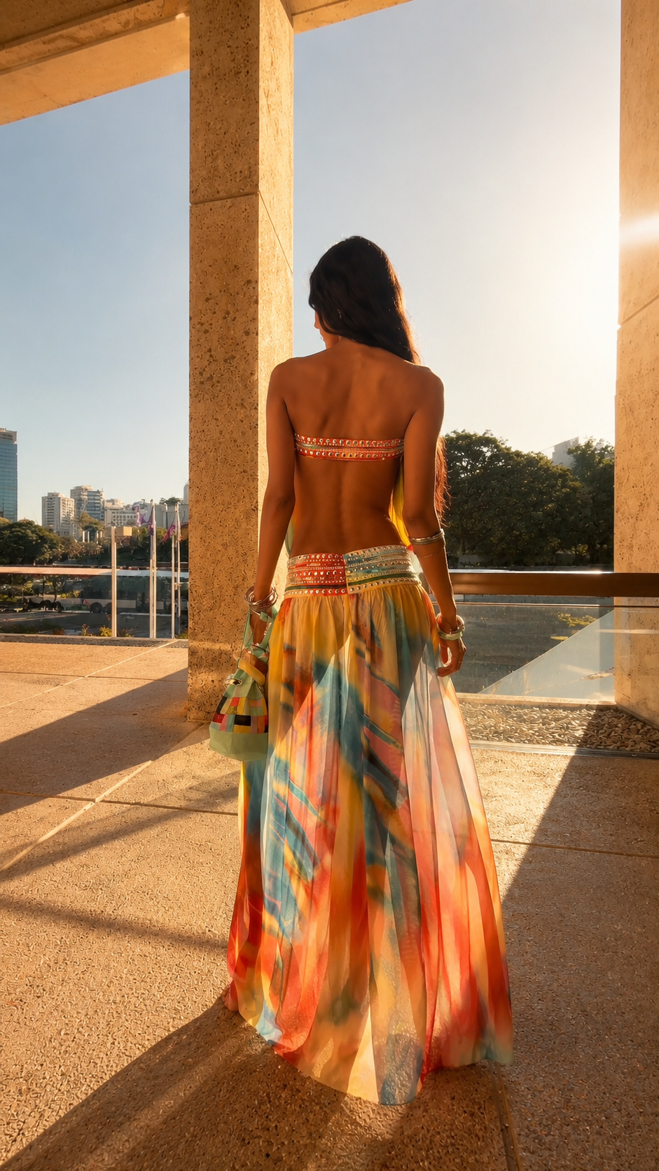 Back view of sunset multicolor strapless beaded maxi dress with flowing sheer skirt
