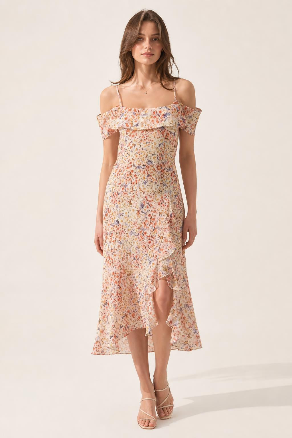 Front view of beige floral off-shoulder midi dress
