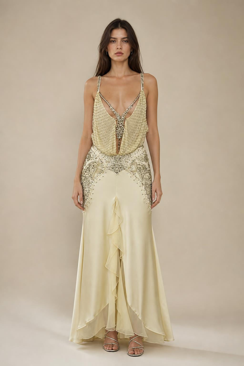 Front view of champagne embellished plunge maxi dress