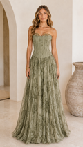 Sage strapless corset floral maxi gown front view