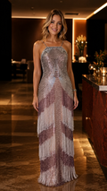 Front view of mauve beaded fringe halter maxi evening dress
