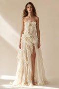 Ethereal ivory strapless ruffled tulle maxi gown front view