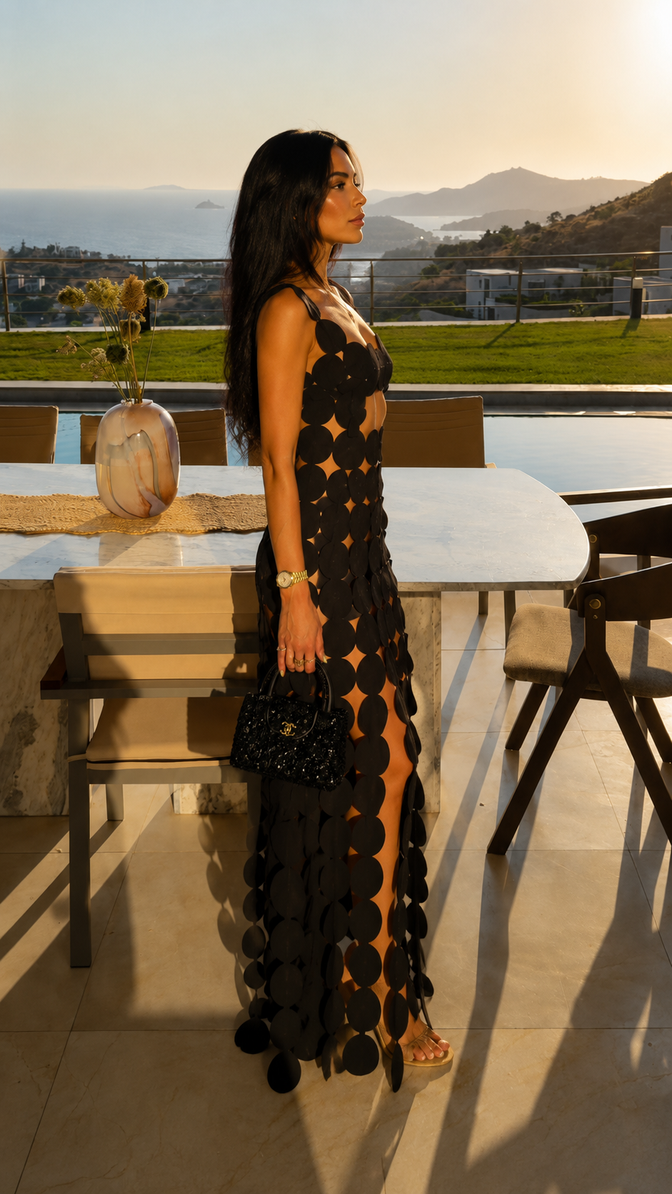 Side view of black circular panel maxi dress showing slim fit and openwork design