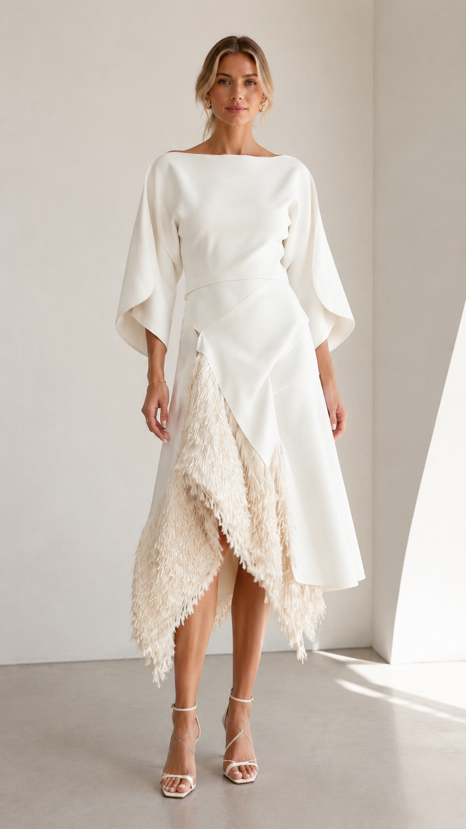 Front view of ivory boat neck midi dress with asymmetric fringe detail