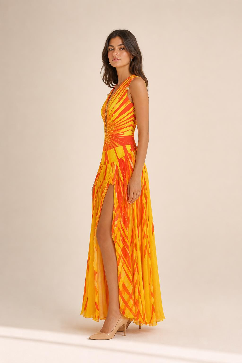 Side profile of yellow maxi dress with high slit
