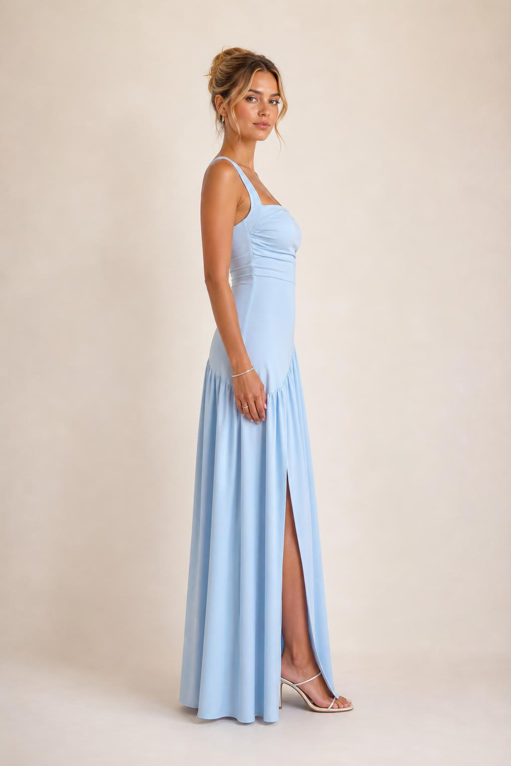 Side profile view of light blue maxi dress
