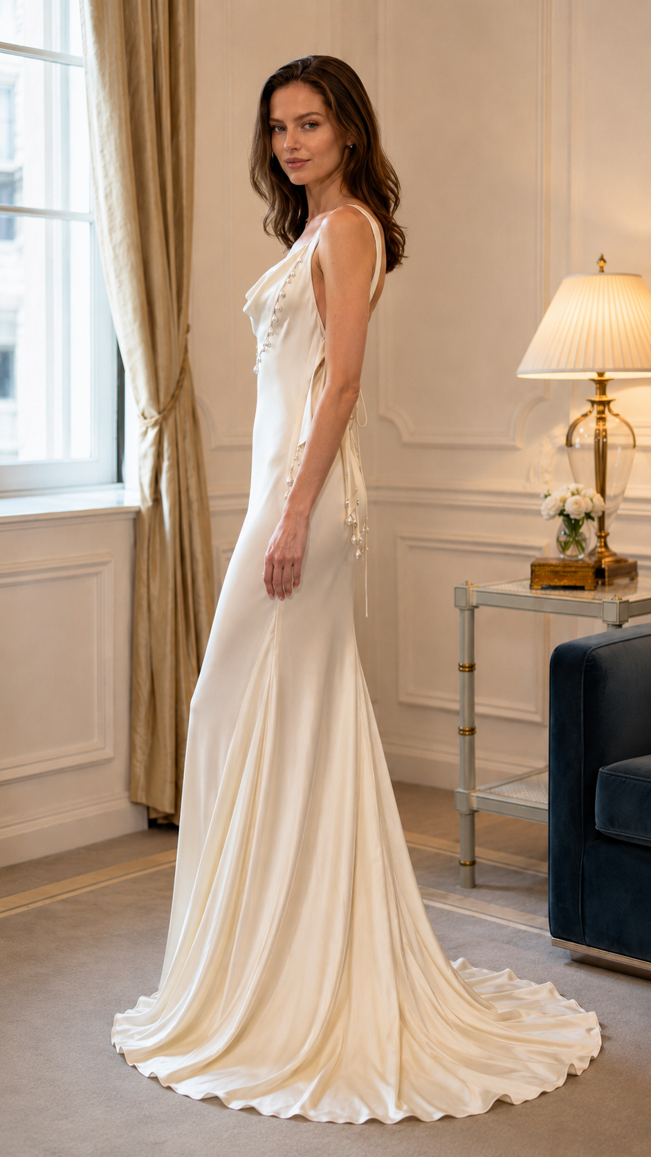 Side view of champagne satin-look mermaid evening dress with beaded trim